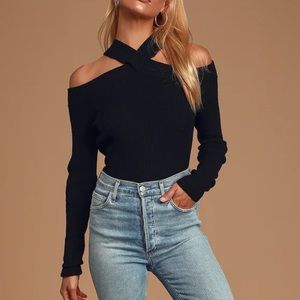 LULUS Party Mode Black Ribbed Cold-Shoulder Sweater Top